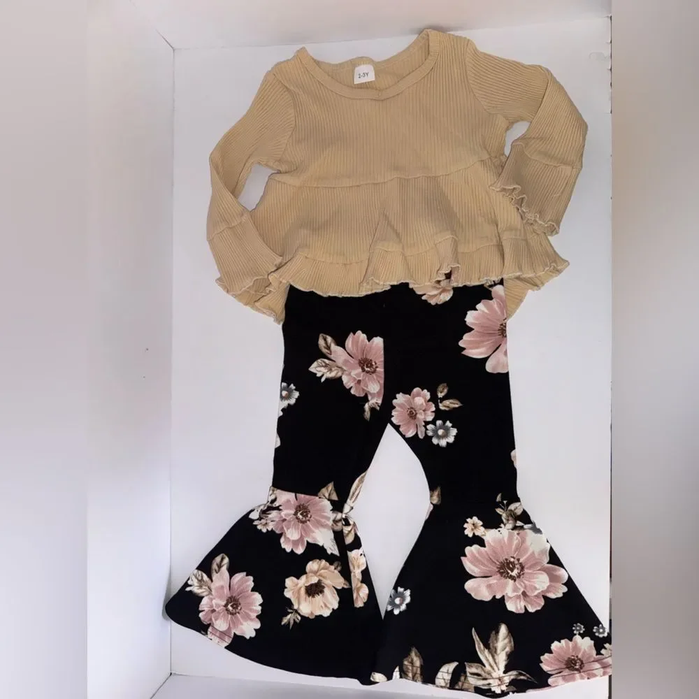 SHEIN size 2-3 years Floral Black bell bottoms and Beige top Outfit